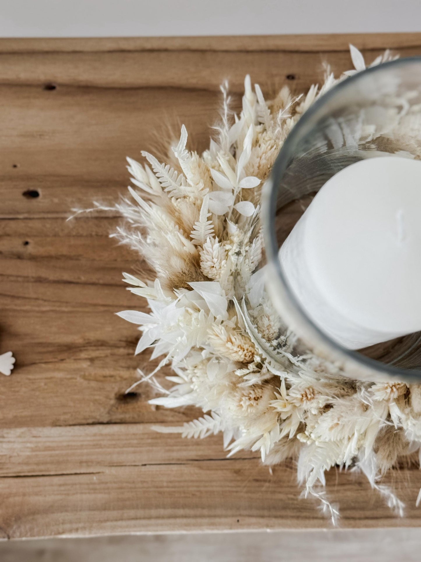 Kerzenkranz aus Trockenblumen Creme-braun I Blumenkranz für Tauf-, Kommunions- oder Hochzeitskerze I Trockenblumenkranz für Windlicht