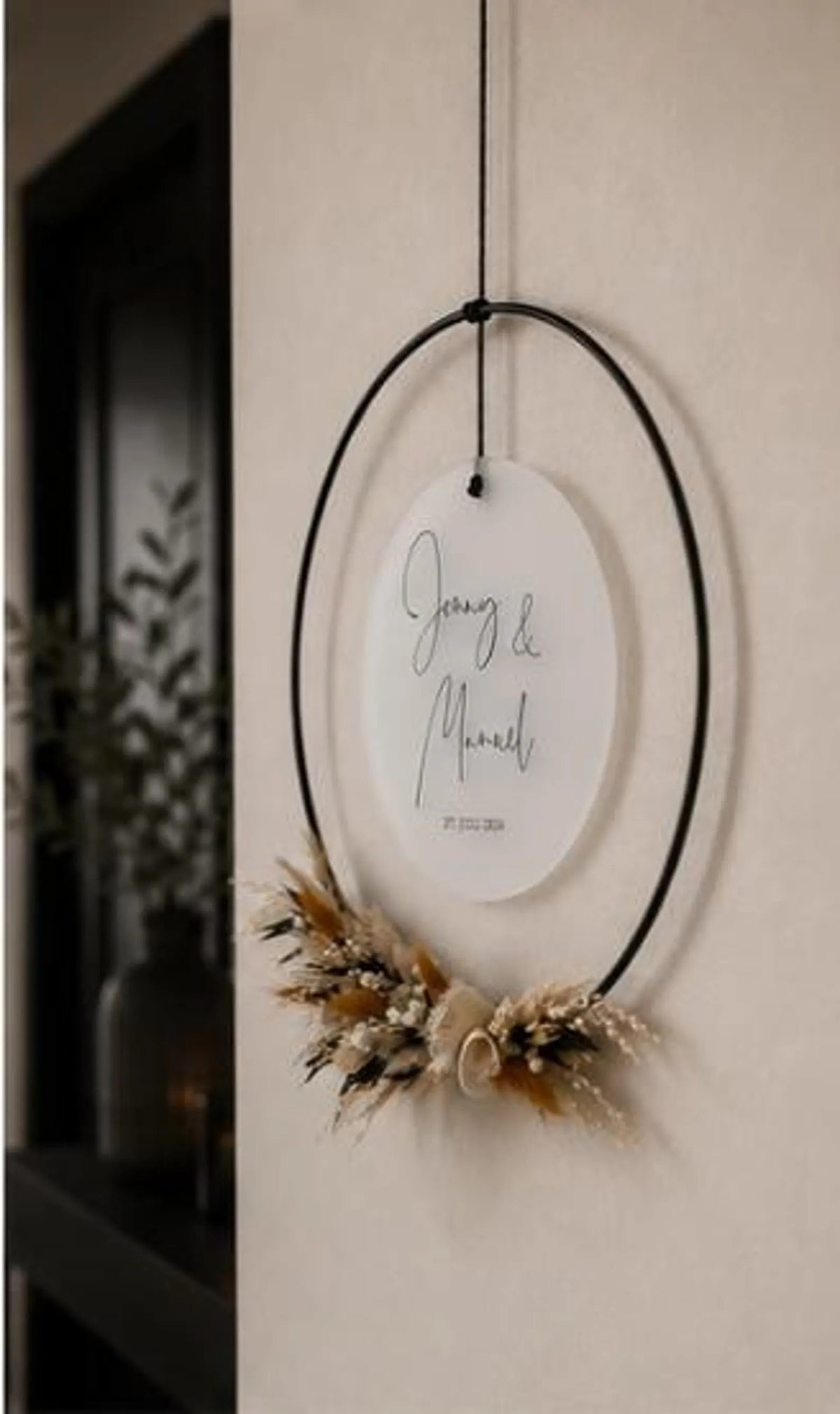 Türkranz mit Trockenblumen I Acrylschild I Holzschild personalisiert mit 2 Vornamen + Datum I Metallring I Geschenkidee Hochzeit I Jahrestag