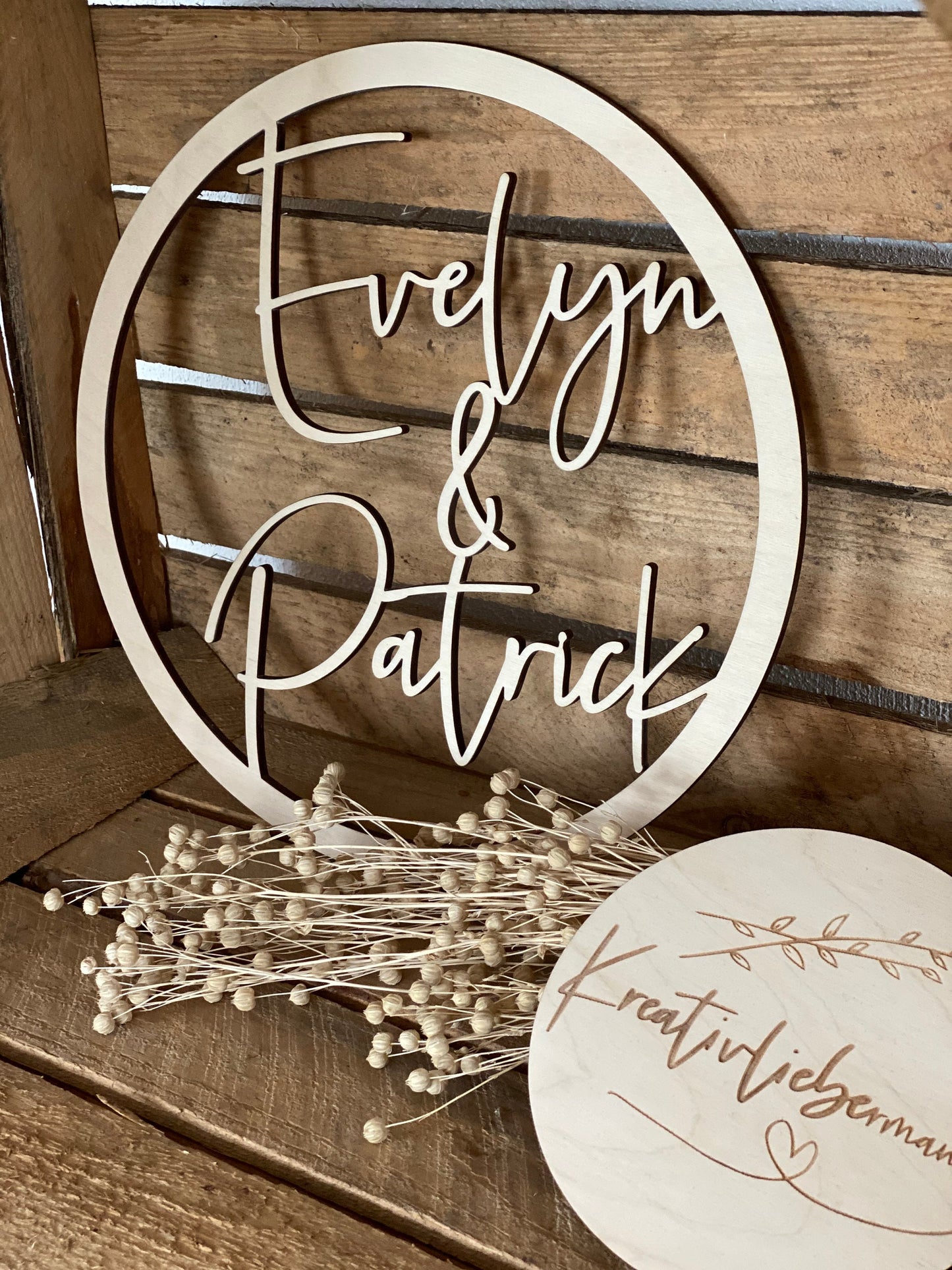 Holzschild - personalisiert mit 2 Vornamen + Datum Ø20cm oder Ø30cm
