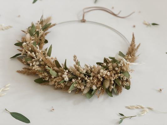 Trockenblumenkranz mit Holzschild I Türkranz Trockenblumen Eukalyptus-beige-braun I Wandkranz I Blumenkranz