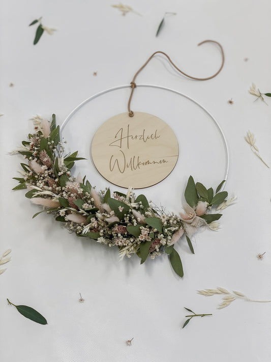 Trockenblumenkranz mit Holzschild I Türkranz Trockenblumen Eukalyptus-rosa I Wandkranz I Blumenkranz