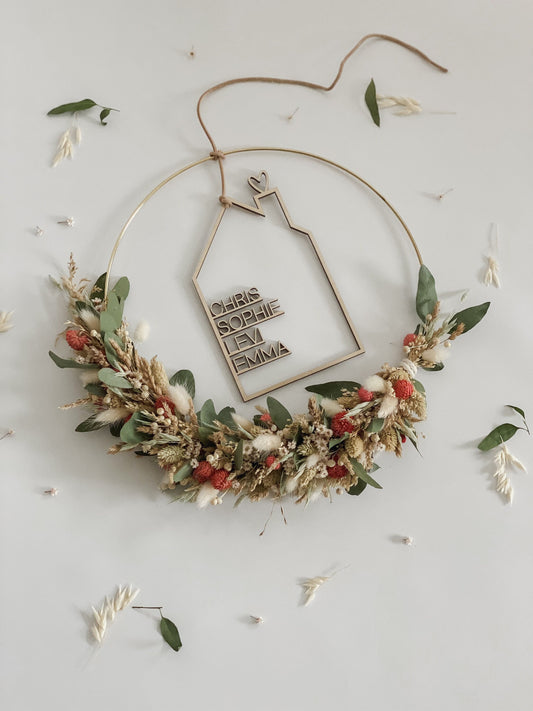 Trockenblumenkranz mit Holzschild I Türkranz Trockenblumen Eukalyptus-beige-rot I Wandkranz I Blumenkranz