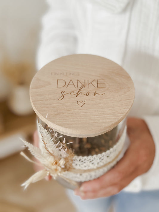 Vorratsglas 'Ein kleines Dankeschön' I Vorratsglas mit graviertem Holzdeckel I Geschenkidee für Lehrer, Erzieher, Kollegen I Mitbringsel