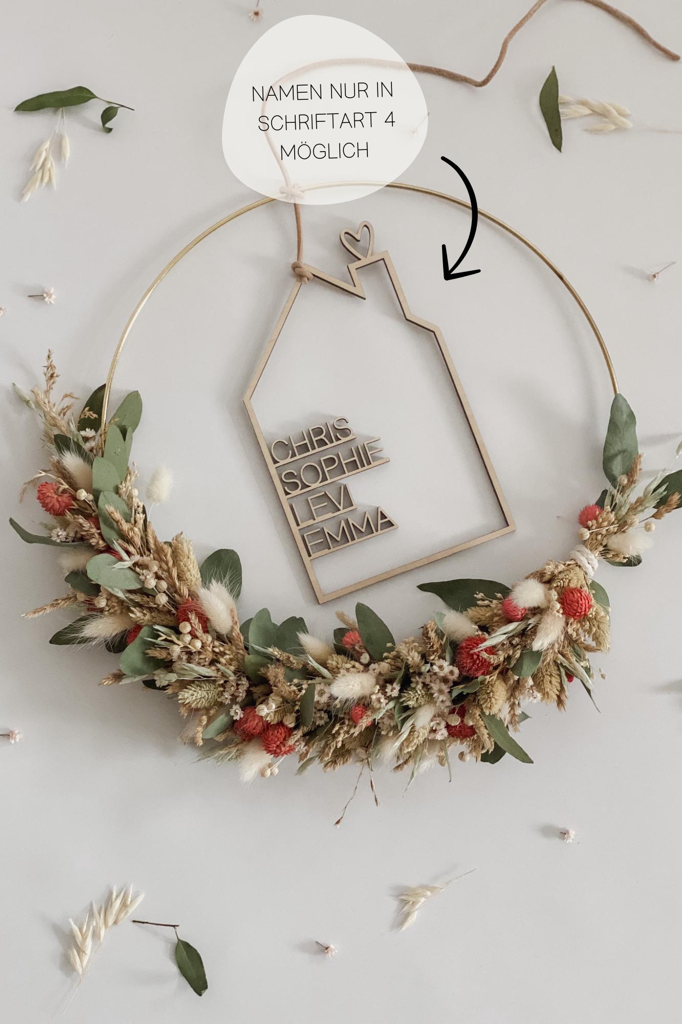 Trockenblumenkranz mit Holzschild I Türkranz Trockenblumen Eukalyptus-beige-rot I Wandkranz I Blumenkranz