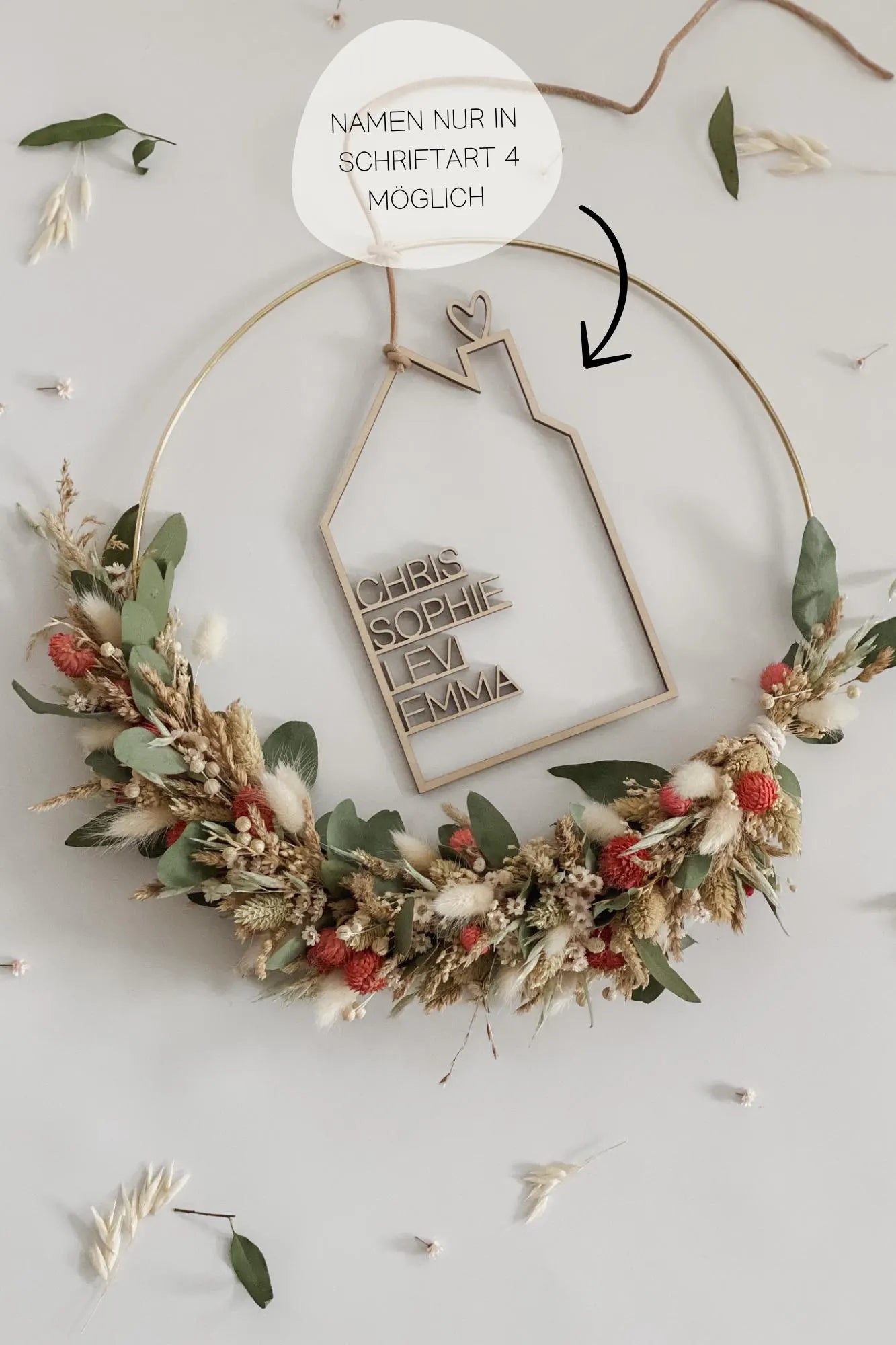 Trockenblumenkranz mit Holzschild I Türkranz Trockenblumen Eukalyptus-beige-rot I Wandkranz I Blumenkranz