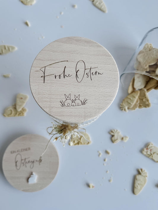 Vorratsglas 'Frohe Ostern' I Vorratsglas mit graviertem Holzdeckel I Geschenkidee Ostern I Mitbringsel