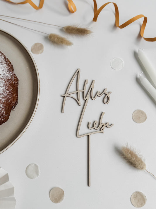 Caketopper 'Alles Liebe' aus Holz I Geburtstagsdeko Kuchen I Tortenstecker Schriftzug I Kuchenstecker zum Geburtstag