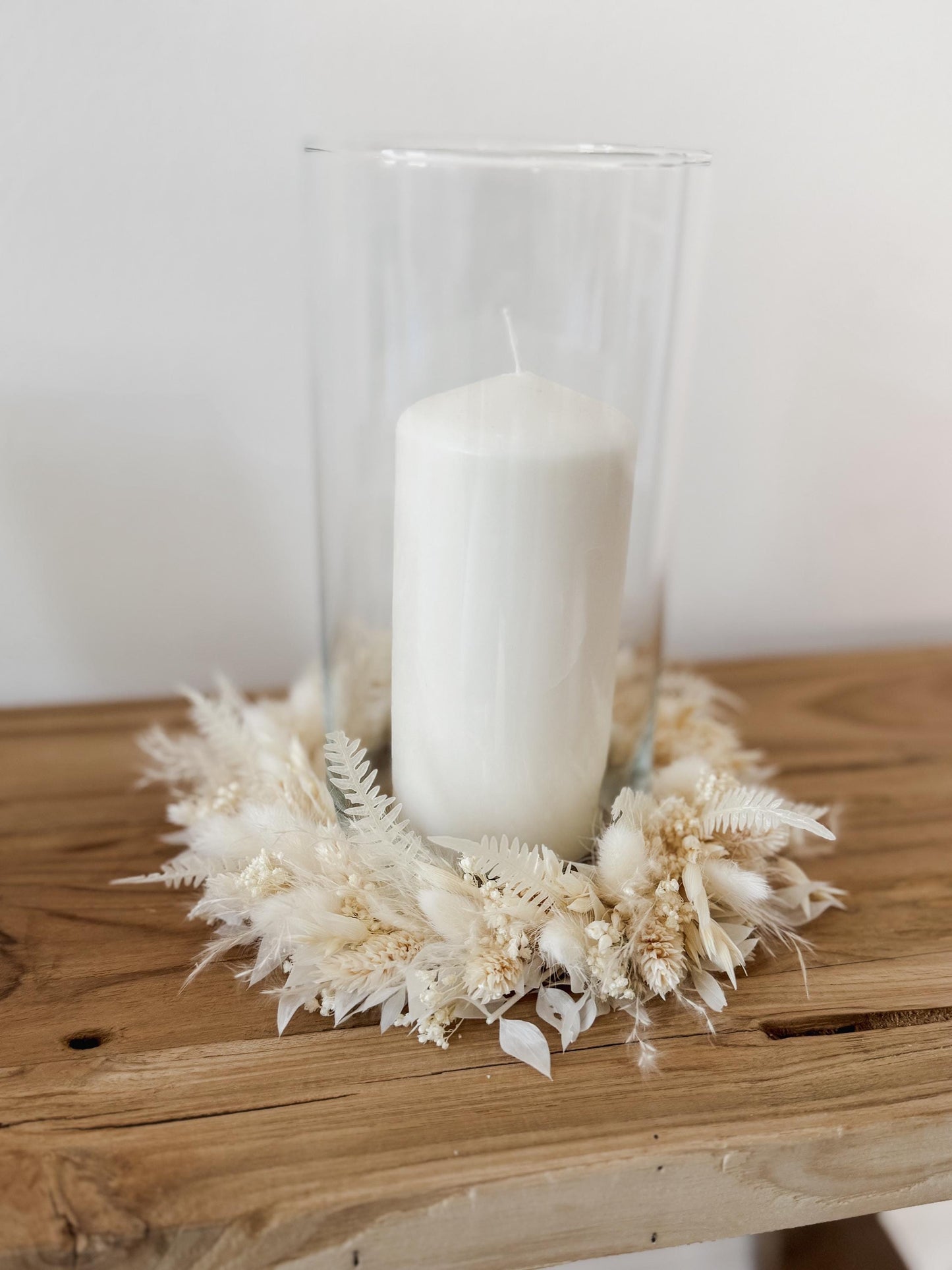 Kerzenkranz aus Trockenblumen Creme-weiß I Blumenkranz für Tauf-, Kommunions- oder Hochzeitskerze I Trockenblumenkranz für Windlicht