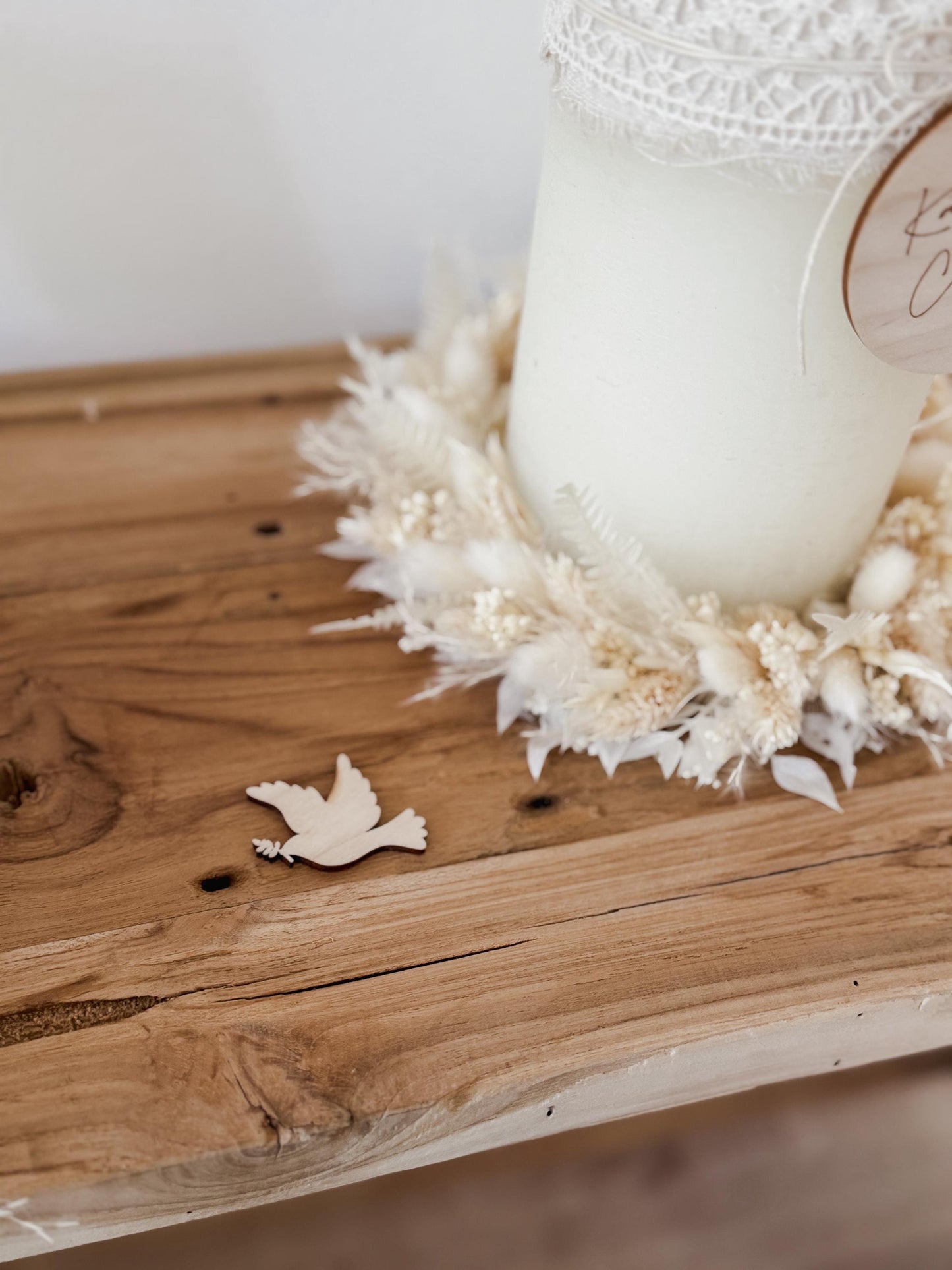 Kerzenkranz aus Trockenblumen Creme-weiß I Blumenkranz für Tauf-, Kommunions- oder Hochzeitskerze I Trockenblumenkranz für Windlicht