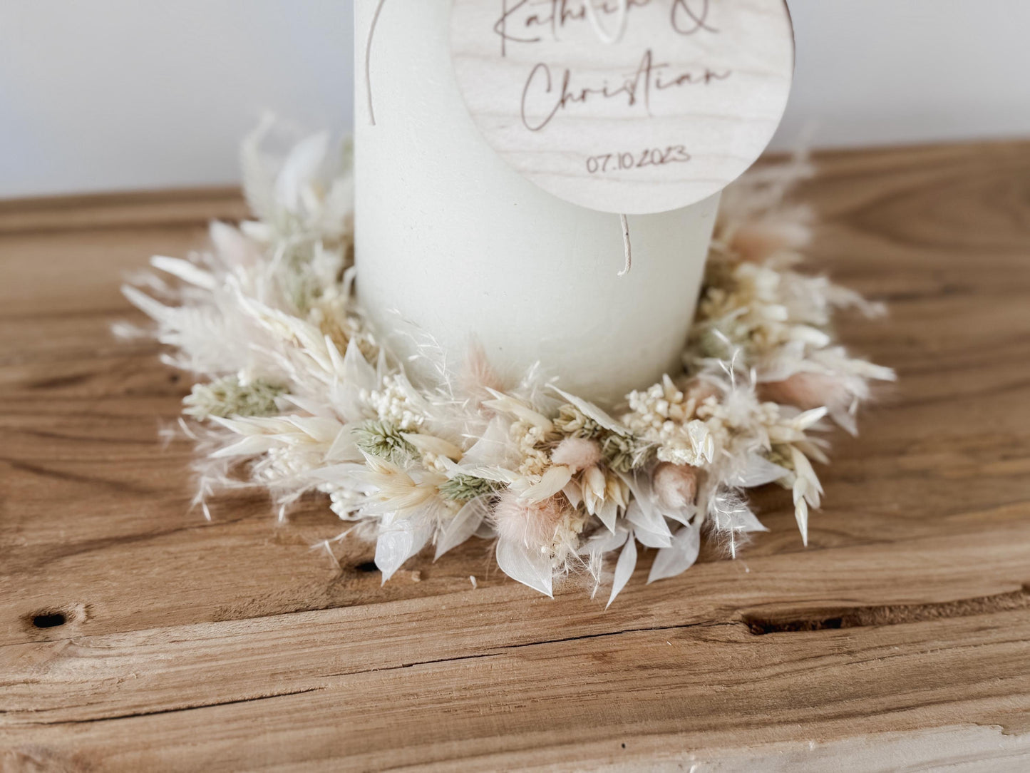 Kerzenkranz aus Trockenblumen Creme-rosa I Blumenkranz für Tauf-, Kommunions- oder Hochzeitskerze I Trockenblumenkranz für Windlicht