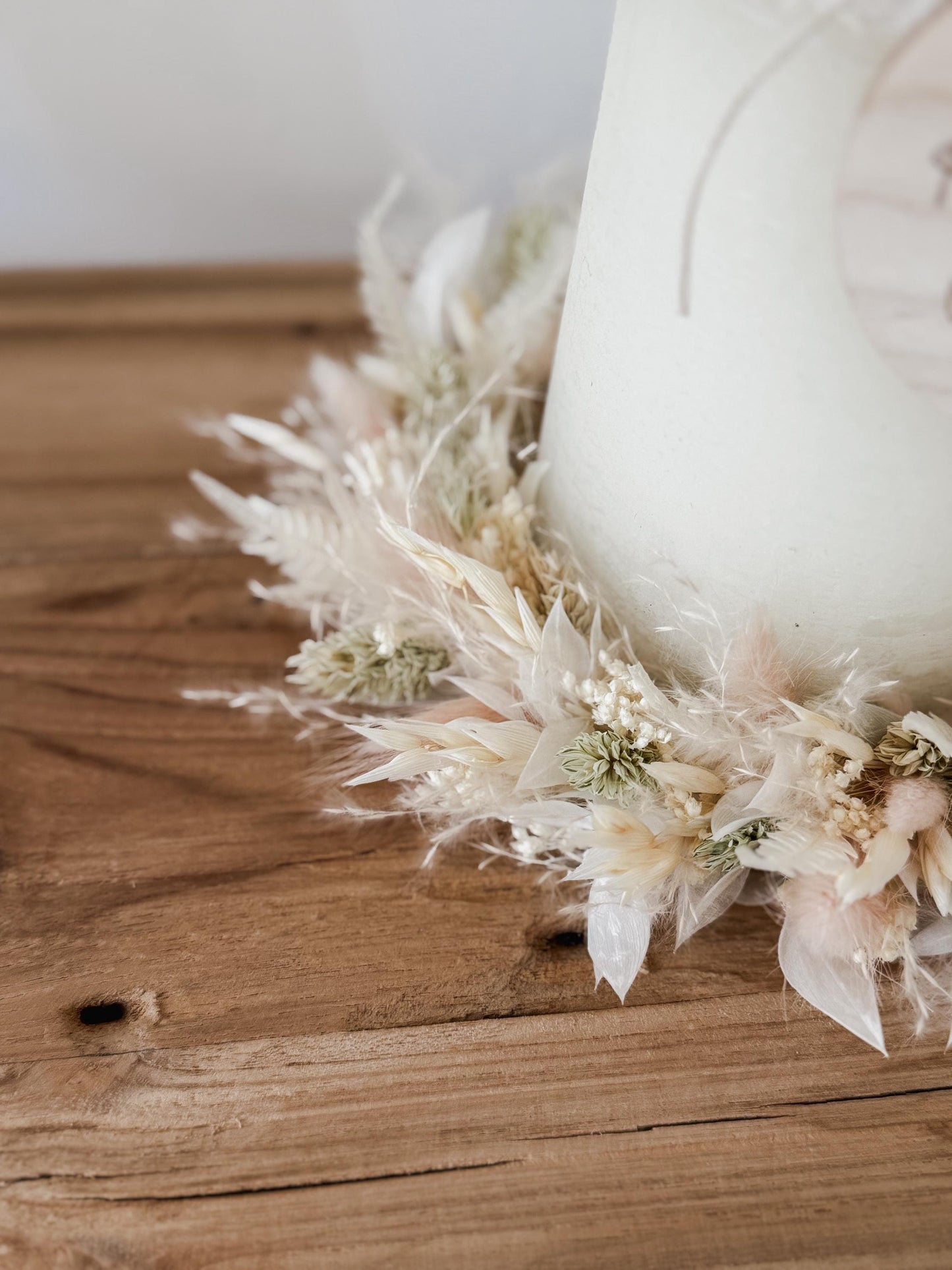 Kerzenkranz aus Trockenblumen Creme-rosa I Blumenkranz für Tauf-, Kommunions- oder Hochzeitskerze I Trockenblumenkranz für Windlicht