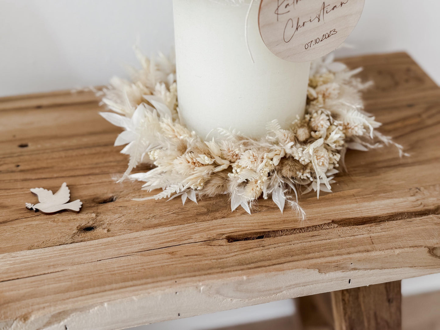 Kerzenkranz aus Trockenblumen Creme-braun I Blumenkranz für Tauf-, Kommunions- oder Hochzeitskerze I Trockenblumenkranz für Windlicht