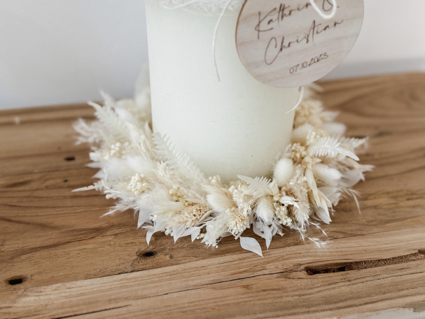 Kerzenkranz aus Trockenblumen Creme-weiß I Blumenkranz für Tauf-, Kommunions- oder Hochzeitskerze I Trockenblumenkranz für Windlicht