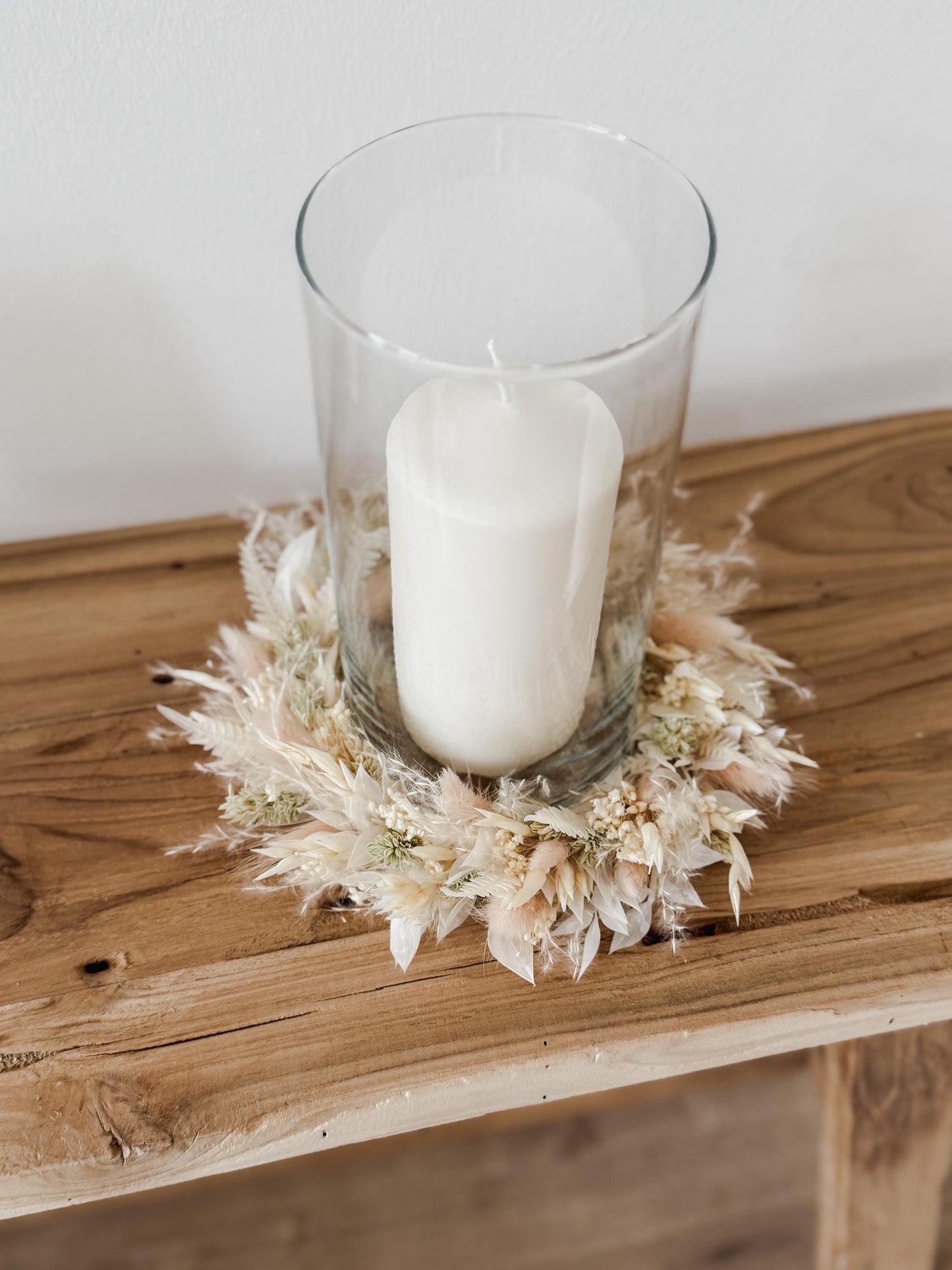 Kerzenkranz aus Trockenblumen Creme-rosa I Blumenkranz für Tauf-, Kommunions- oder Hochzeitskerze I Trockenblumenkranz für Windlicht